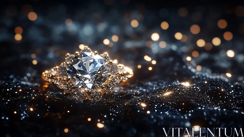 Luxury diamond ring on bokeh-lit glittering surface.