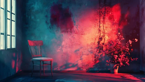 Crimson echoes spill across a lonely chair and hidden blooms.