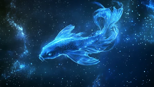 Luminescent blue koi fish rendered in a cosmic star field.