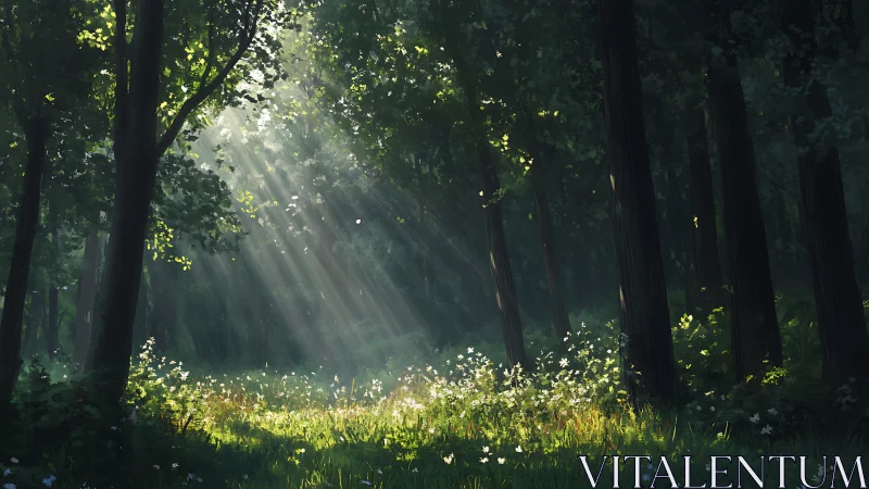 Sunlit Forest Clearing with Wildflowers in Lush Digital Art.