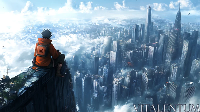 Hooded figure observes dense futuristic city from high ledge