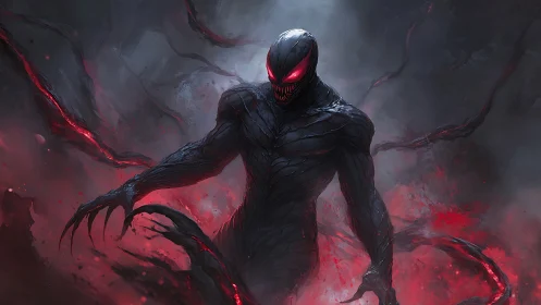 Symbiotic humanoid figure stands amid red energy plumes