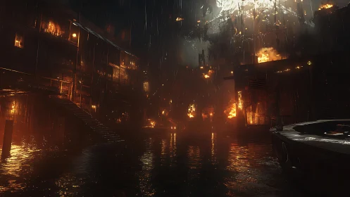 Flooded Urban Street Engulfed in Flames and Darkness.