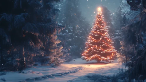 Snowy forest Christmas tree glows with warm fairy lights.