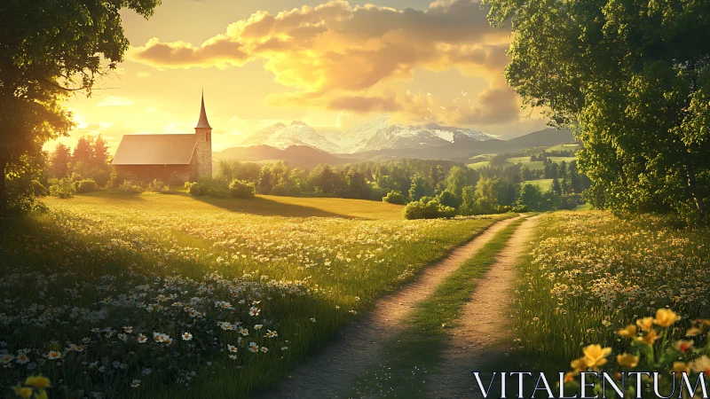Sunlit country chapel beside winding summer meadow path.