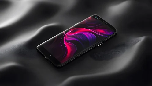 Sleek modern smartphone on black satin surface, digital art style.