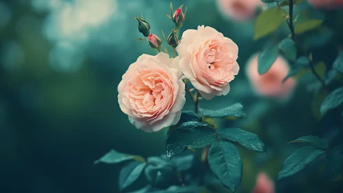 Blush garden roses with buds on teal foliage.