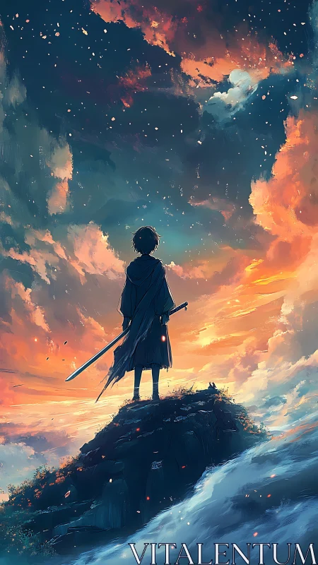 Skybound swordsman gazes into a storm of painted stars.