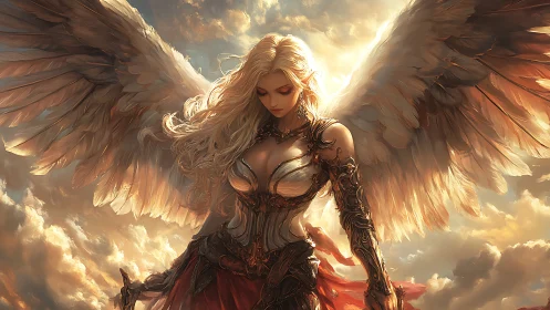 Winged warrior woman in glowing golden sky armor scene.