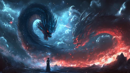 Two elemental dragon forms confront single figure at horizon