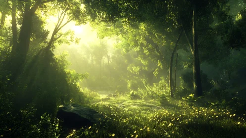 Sunlit Forest Sanctuary Where Golden Light Dances Through Ancient Trees
