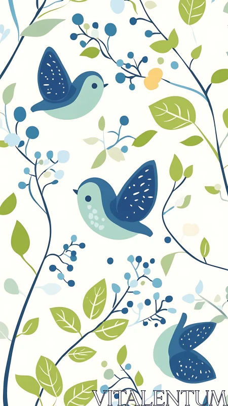 Birds and Botanical Garden with Whimsical Leafy Branches