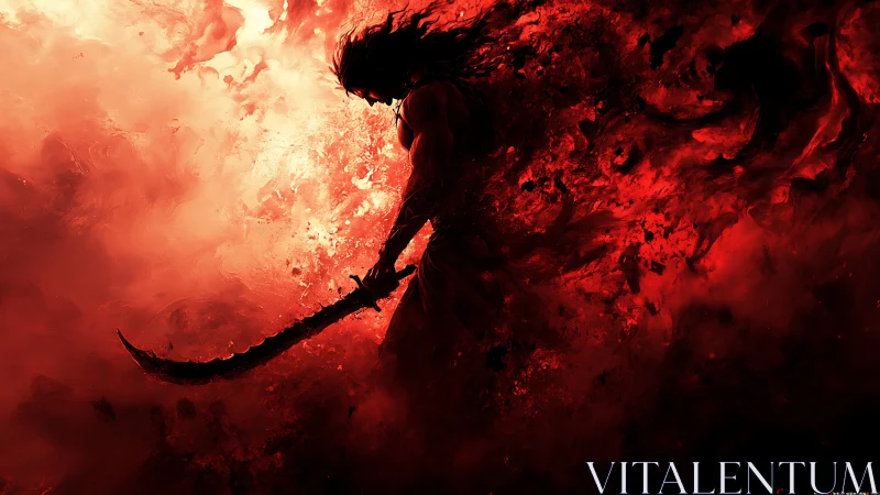 Warrior silhouette strides through swirling crimson inferno
