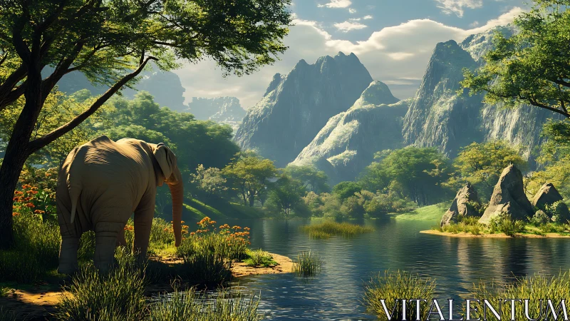 Elephant stands by calm river in lush mountain valley.