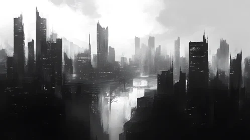 Monochrome parametric megacity skyline in atmospheric haze.