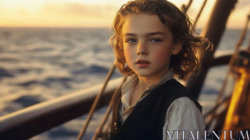 Cinematic seafaring child portrait in golden-hour light.