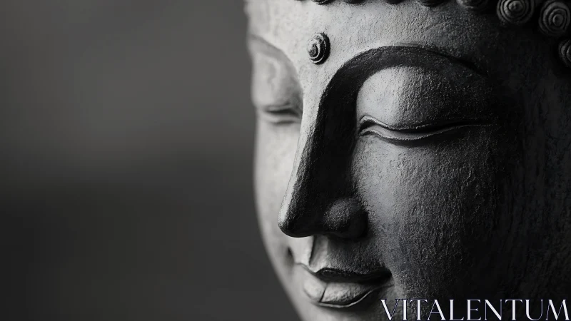 Serene Buddha stone sculpture close-up in soft grayscale light.