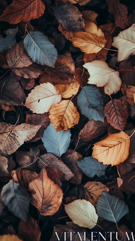 Softly fallen autumn leaves in muted blue and copper tones.