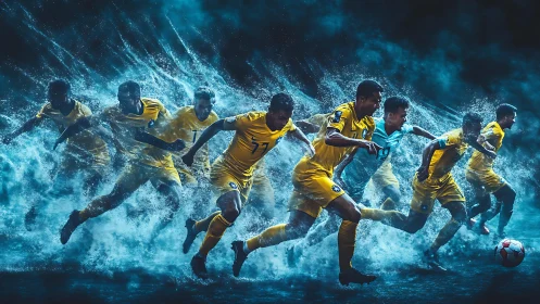 Rushing soccer players surge forward through misty blue energy.