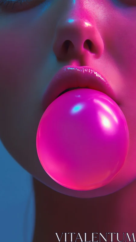 Neon-lit close-up of glossy lips blowing a pink gum bubble
