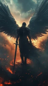 Armored dark angel stands over burning clouds with sword drawn