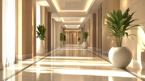 Sunlit modern hallway with calming plants in soft golden tones.