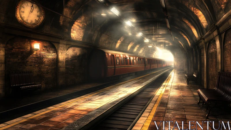 Golden retro subway platform with luminous tunnel light.