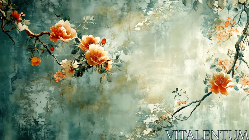 Botanical branches intersect textured teal patina field