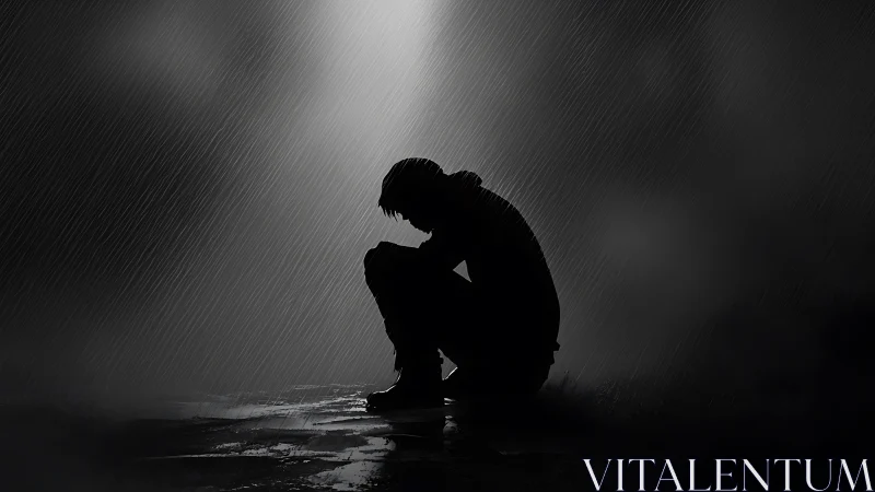 Silhouetted figure kneels in rain under stark overhead light
