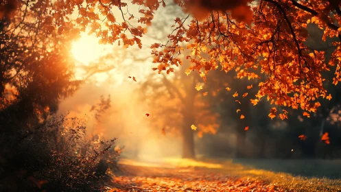 Sunlit autumn leaves drift softly through a golden hush