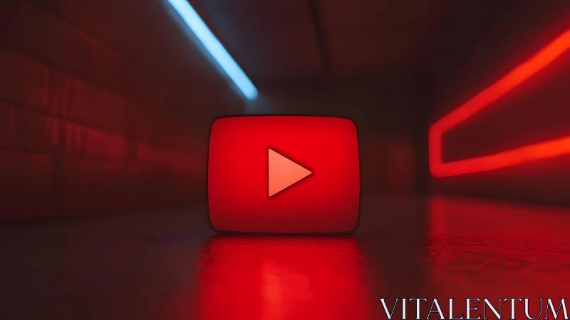 Neon-lit YouTube Logo in Futuristic Dark Corridor Scene.