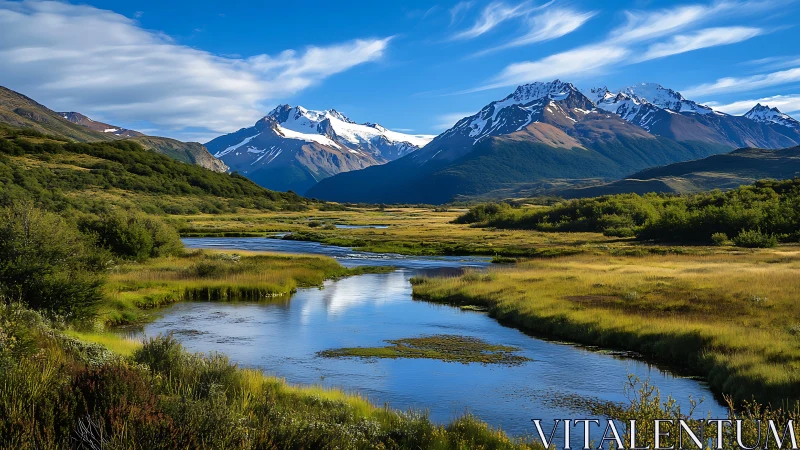 Snowy mountain valley welcomes a calm, winding blue river