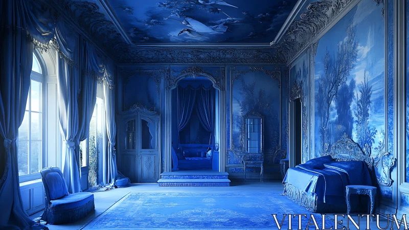 Monochrome blue rococo bedroom flooded with window light.