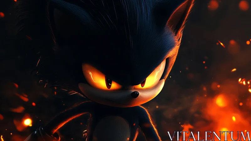 Dark anthropomorphic hedgehog character amid glowing embers.