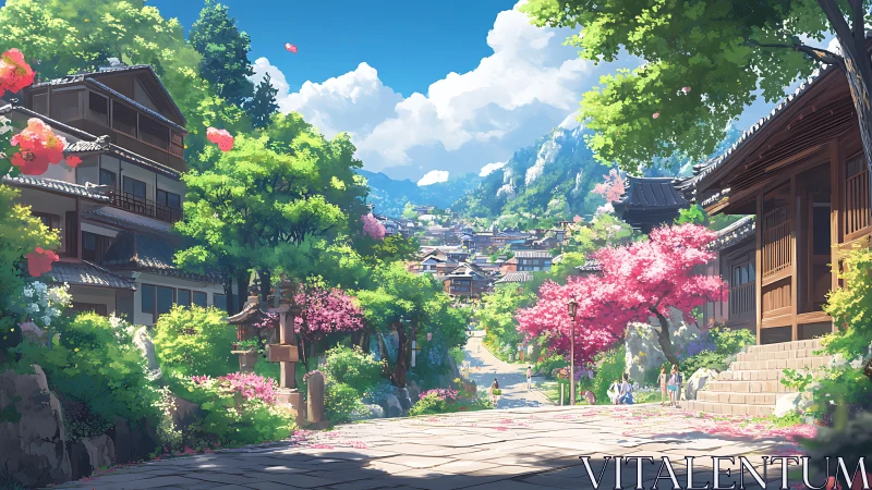 Sunlit spring streets wind through a tranquil Japanese village