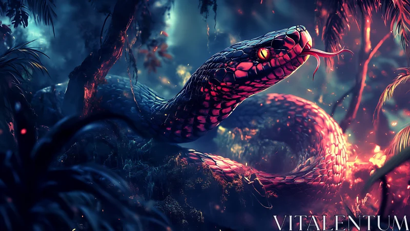 Bioluminescent viper coiled in volumetric neon jungle light.