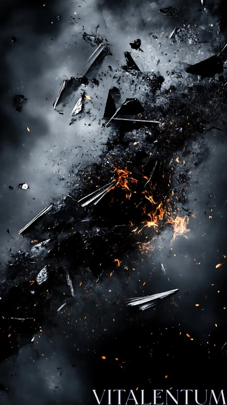 Shattered metal shards erupting through smoky darkness.