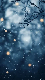 Snowfall with bare tree branches and soft bokeh lights.