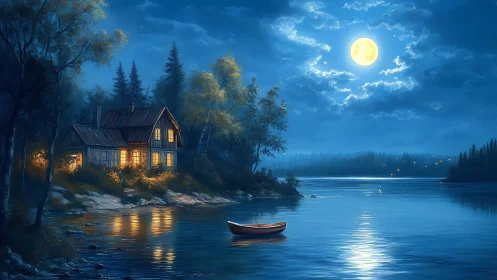 Moonlit lakeside cabin glowing under serene blue night.