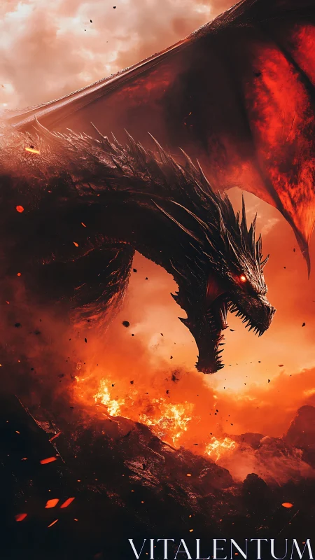 Infernal dragon dominates volcanic sky with blazing wings.