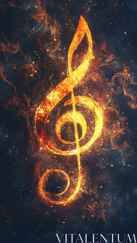 Fiery treble clef igniting cosmic dark with sparks.
