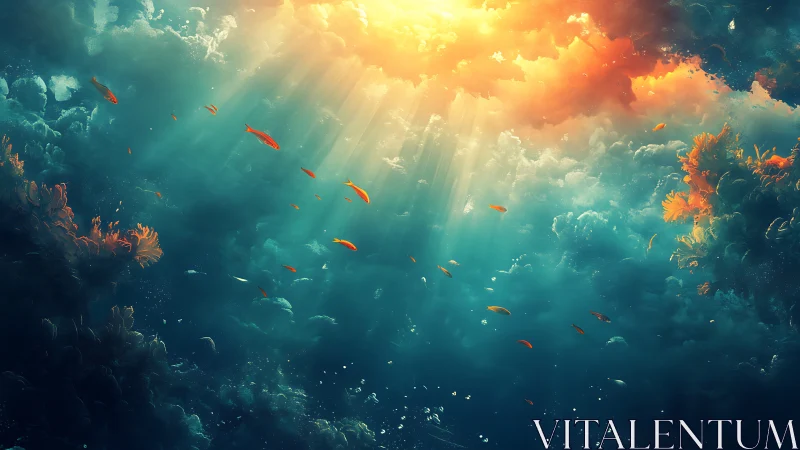 Volumetric sunbeams illuminating surreal aquatic cloudscape.