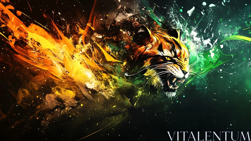 Fiery abstract tiger bursts through swirling neon darkness