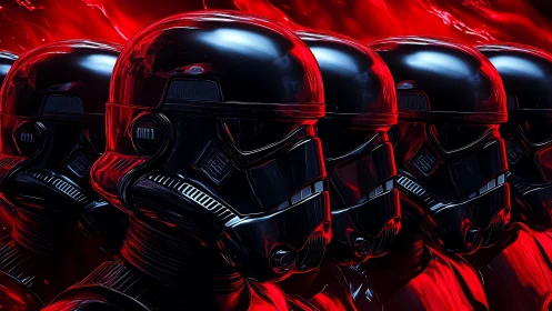 Crimson chrome troopers march through a neon-flooded void
