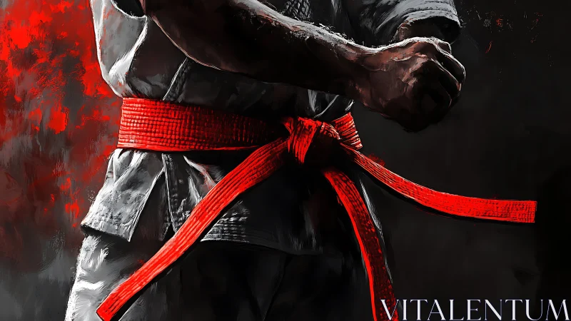 Martial artist torso with red belt rendered in dynamic chiaroscuro