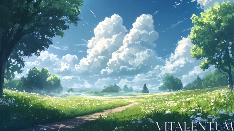 Cloud-filled sky above open meadow with dirt path view.