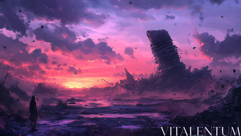 Lone figure facing collapsed tower in vivid wasteland sky.