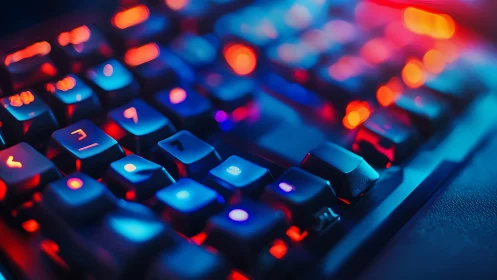 Colorful gaming keyboard glows softly in moody neon light