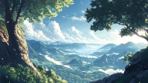 Highland daydream valley framed by sunlit cliffside trees.