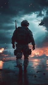 Lone soldier advances through burning stormlit battlefield